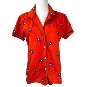 Embroidered Daisy Camp Shirt Womens Small Orange Short Sleeve J.Crew Twee picnic